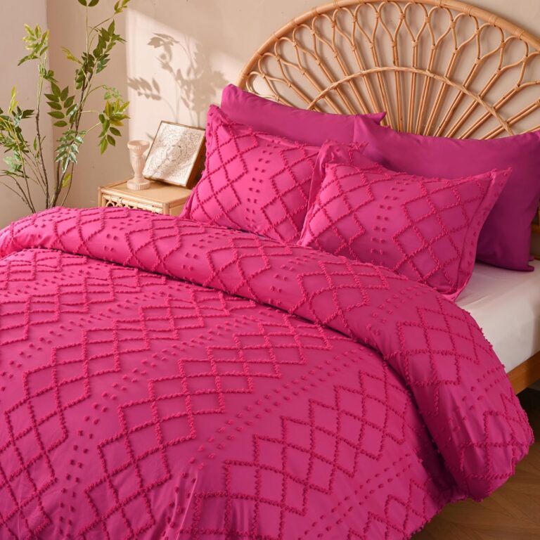 hot pink boho tufted queen duvet cover set with geometric embroidery and matching pillow shams