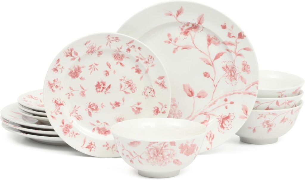 Martha Stewart pink floral porcelain dinnerware set with plates and cereal bowls