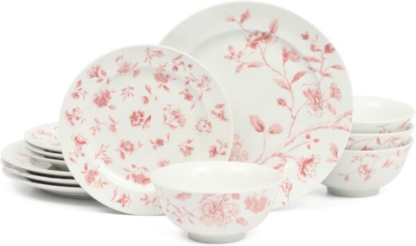 Martha Stewart pink floral porcelain dinnerware set with plates and cereal bowls