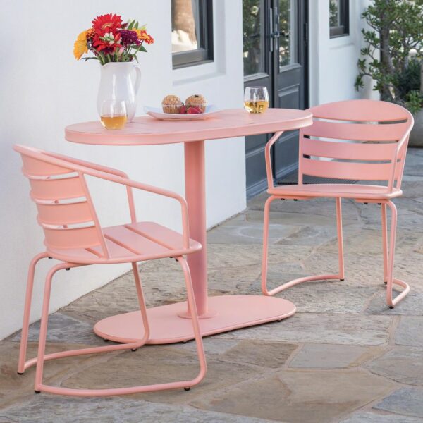 Matte coral outdoor bistro table and chair set with oval table and iron frame for patios and balconies