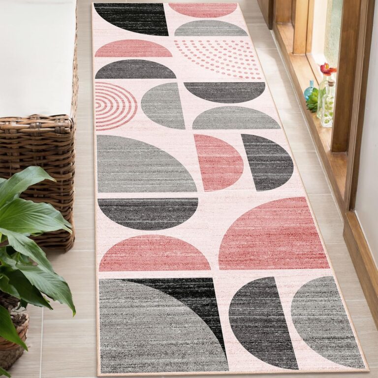 pink and grey boho washable runner rug with abstract modern design for hallway kitchen bedroom entryway