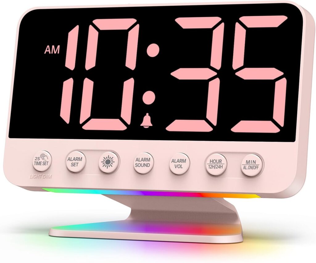 sakura pink digital alarm clock with large pink LED display night light USB charging for bedroom