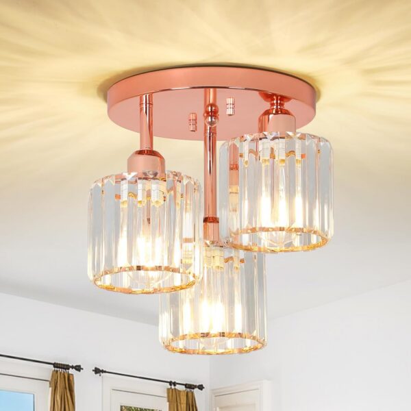Rose gold semi flush mount crystal ceiling light fixture with clear crystal shades for bedroom and dining room lighting