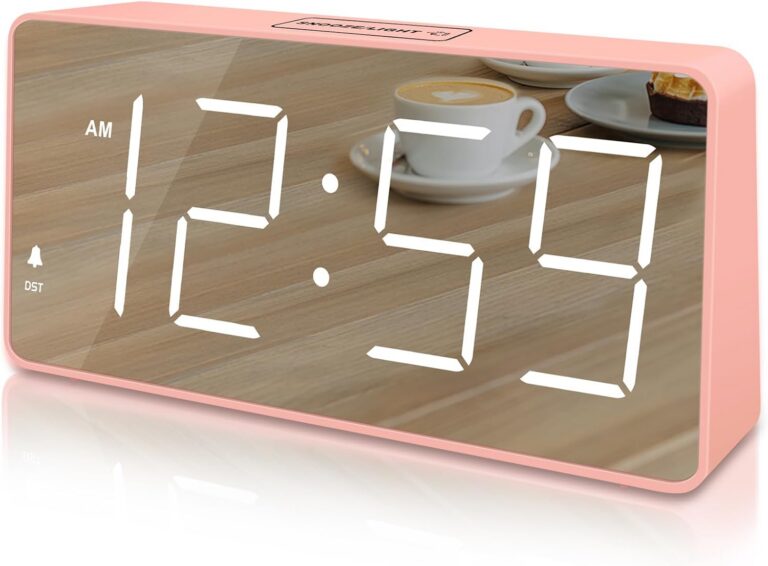 pink mirror face digital alarm clock with large LED display battery backup modern bedroom desk clock