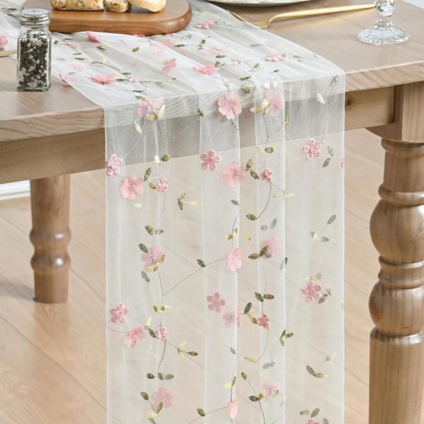 Pink 3D floral gauze embroidered table runner for romantic dining and wedding decor