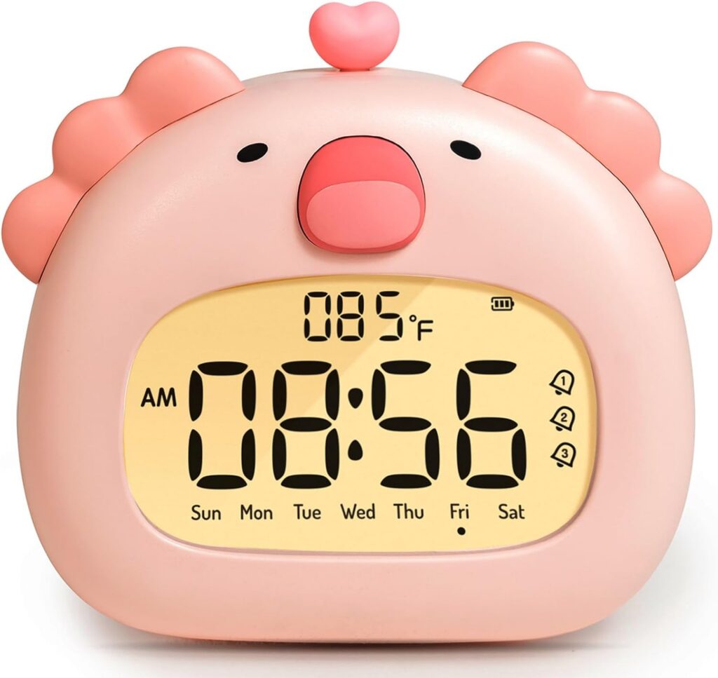 cute pink axolotl alarm clock with night light digital display rechargeable kids bedside clock
