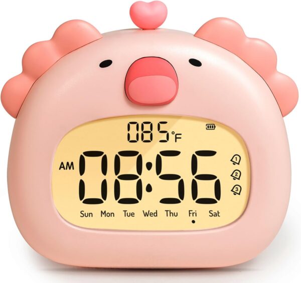 cute pink axolotl alarm clock with night light digital display rechargeable kids bedside clock