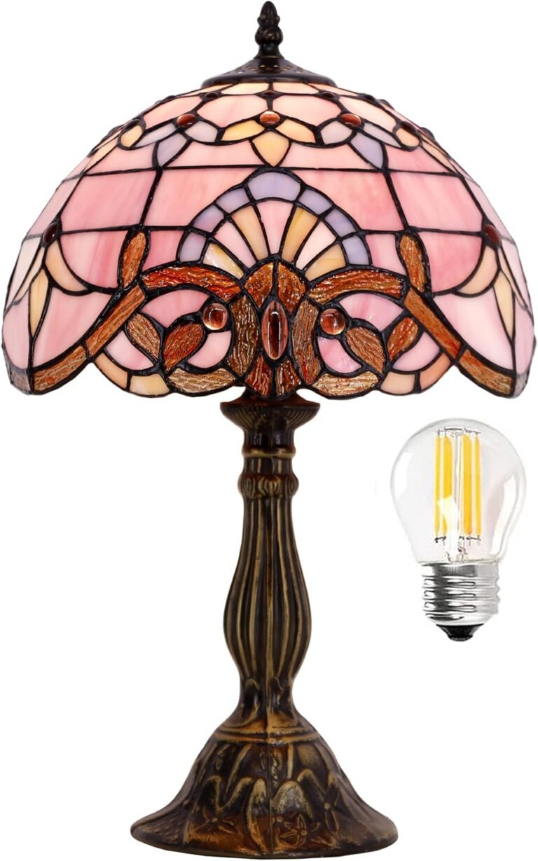 pink stained glass Tiffany table lamp with bronze base and baroque floral design