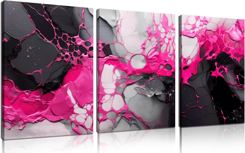 Pink and black abstract marble canvas wall art set for bedroom or living room decor