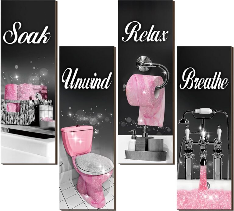 pink and black farmhouse bathroom wall decor signs with soak unwind relax and breathe quotes