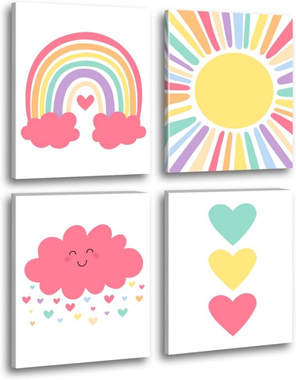 framed pink boho nursery wall art prints with rainbow sun and heart designs for girls room decor