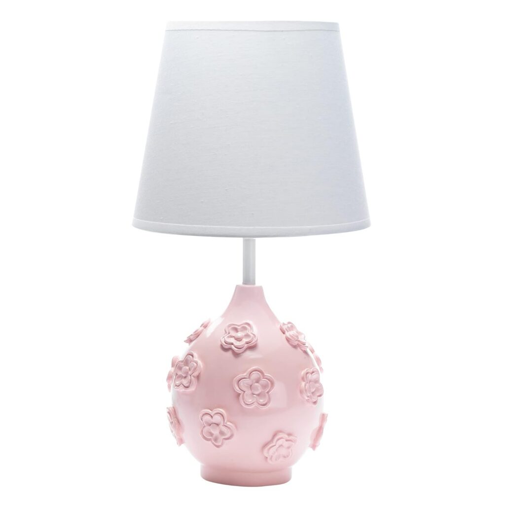pink floral nursery table lamp with sculpted flower base and white shade for baby room decor