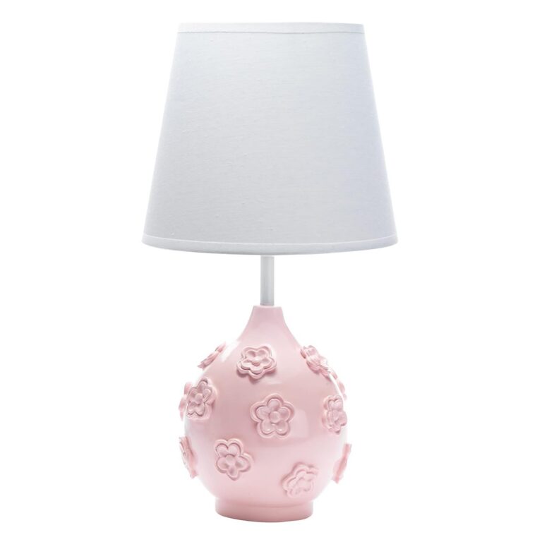 pink floral nursery table lamp with sculpted flower base and white shade for baby room decor