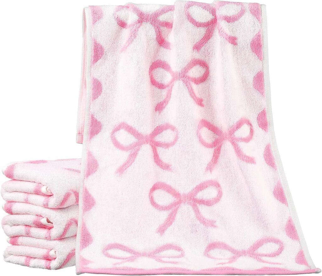 pink cotton hand towels with coquette bow design for bathroom kitchen or vanity decor