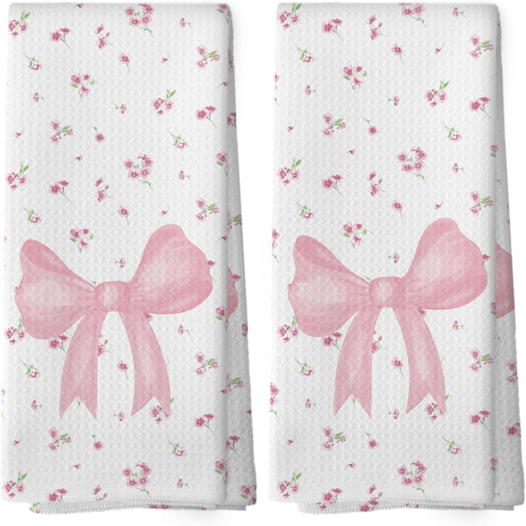 soft pink floral bow microfiber kitchen towels with cottagecore coquette aesthetic design