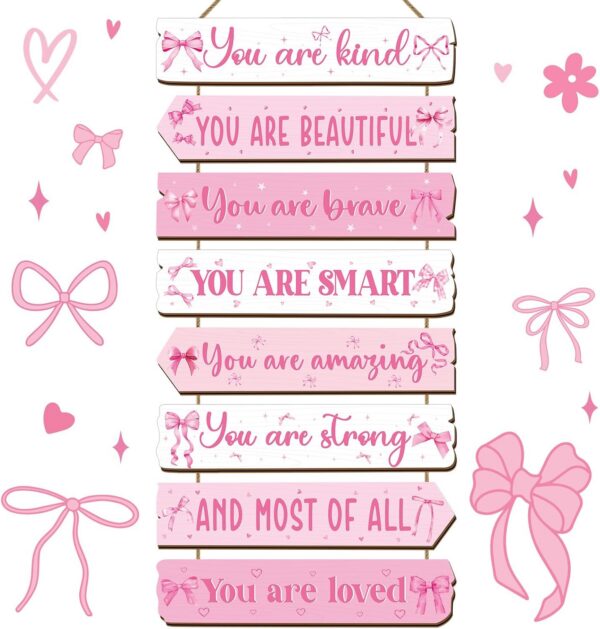 pink bow inspirational wooden wall hanging sign with positive affirmations for girls bedroom nursery or dorm decor