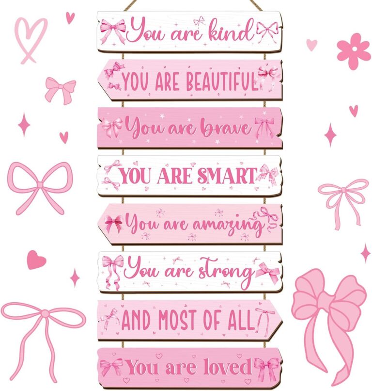 pink bow inspirational wooden wall hanging sign with positive affirmations for girls bedroom nursery or dorm decor