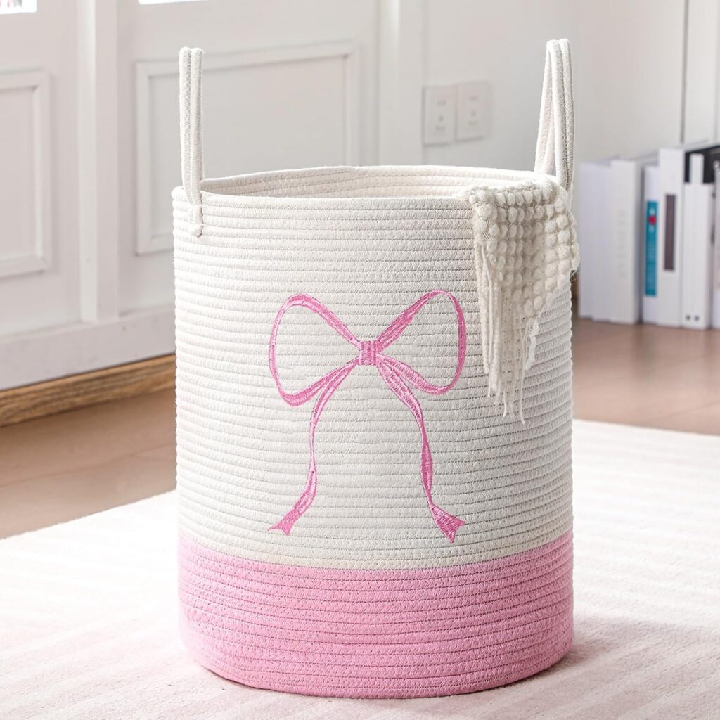 pink coquette bow laundry basket made from cotton rope for clothes toy and blanket storage