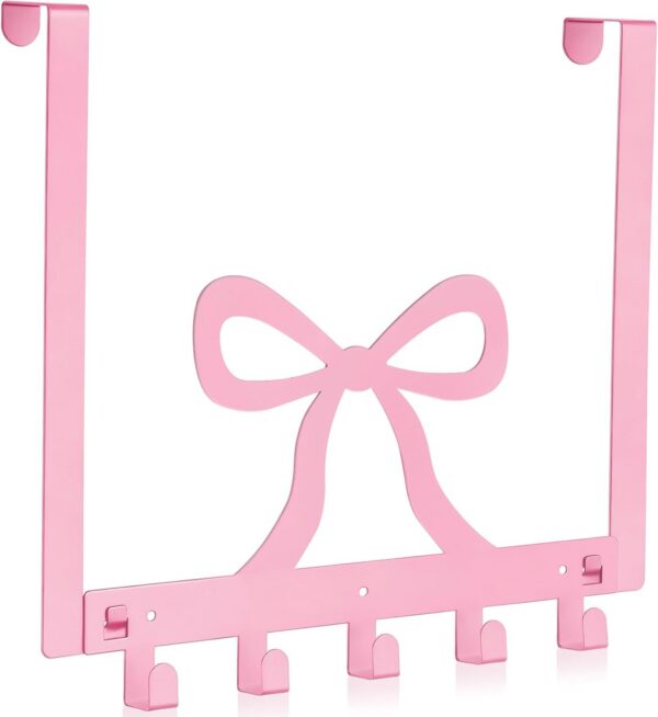 pink bow over the door hook rack with five metal hooks for towels bags coats and bathroom organization