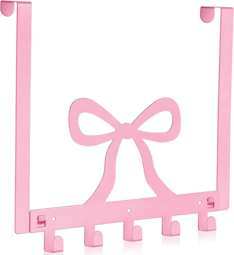 pink bow over the door hook rack with five metal hooks for towels bags coats and bathroom organization
