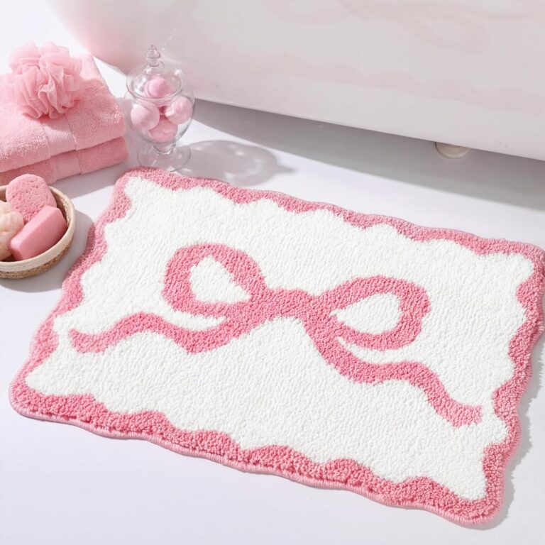 pink scalloped bow bath mat with non slip backing for coquette bathroom or bedroom decor