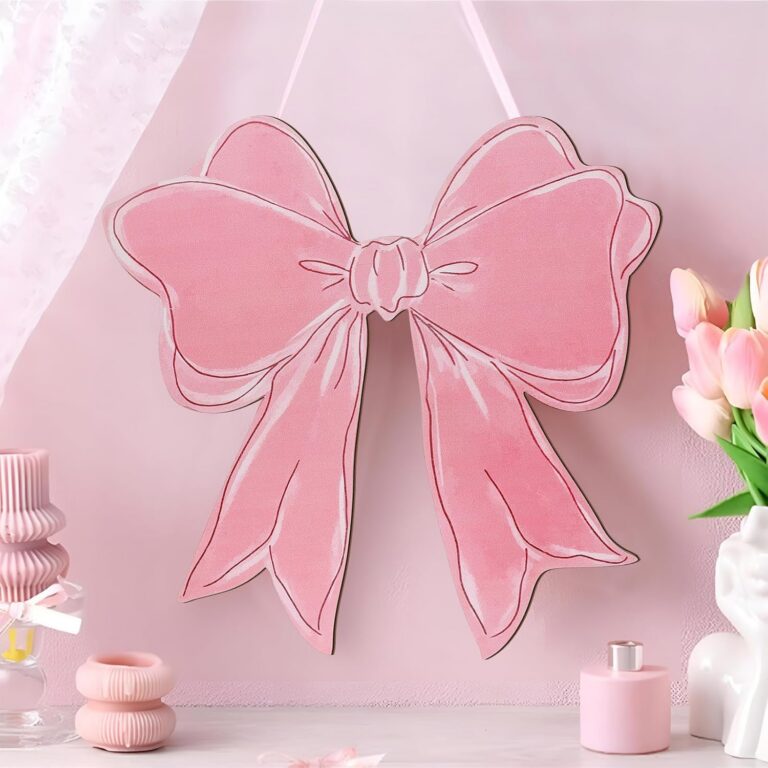 pink wooden bow hanging wall sign for coquette bedroom dorm apartment or front door decor