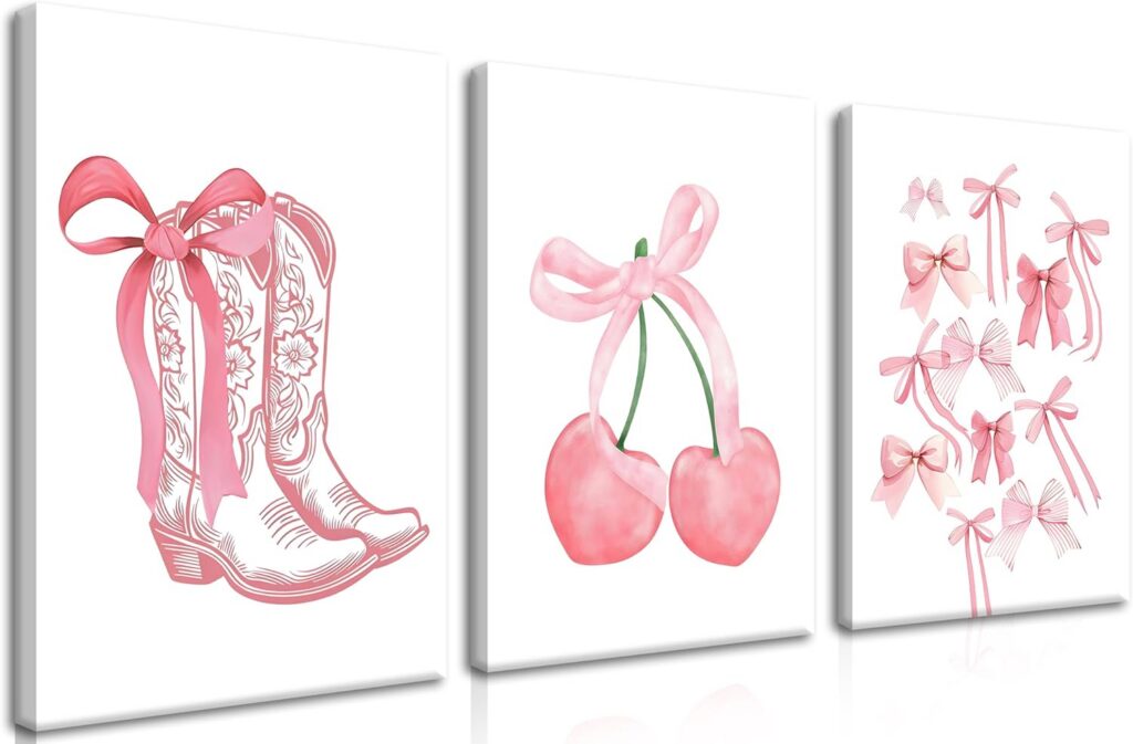 framed pink bows cherry and cowboy boots wall art set for cute coquette bedroom decor