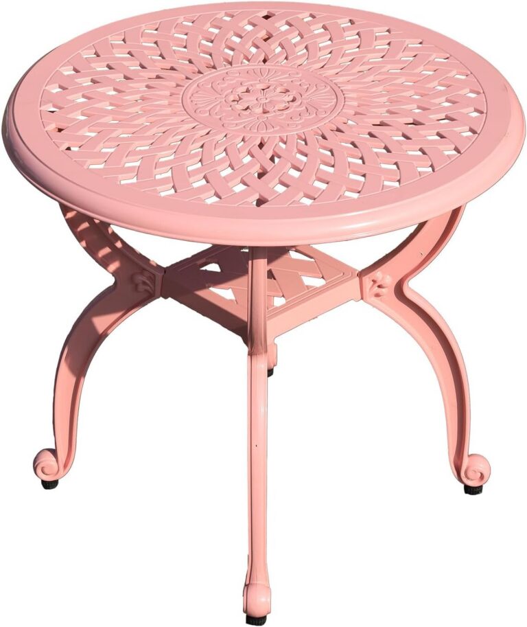 pink round cast aluminum outdoor side table with lower shelf for patio or balcony seating area