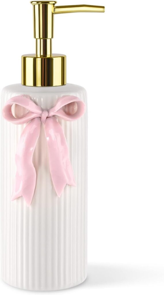 pink ceramic bow soap dispenser with metal pump for bathroom or kitchen countertop decor