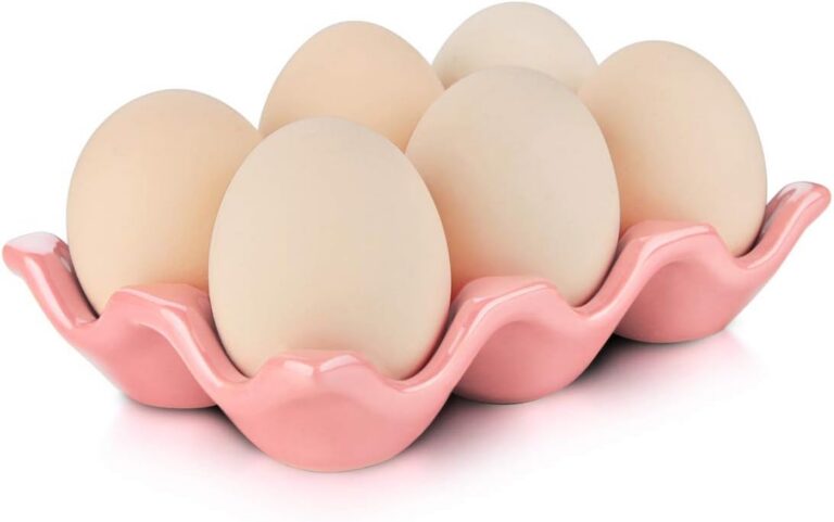 pink ceramic egg tray holder with 6 slots for storing and displaying eggs