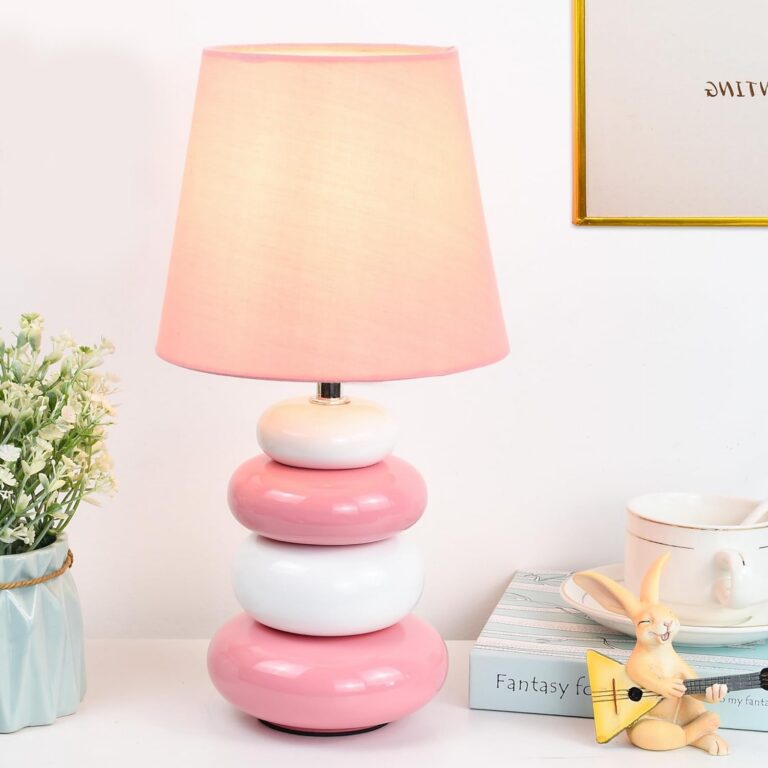 small pink ceramic bedside table lamp with pink fabric shade for bedroom nightstand decor
