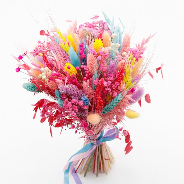 Colorful pink preserved pampas grass bouquet with dried flowers for boho home decor and wedding vase arrangements