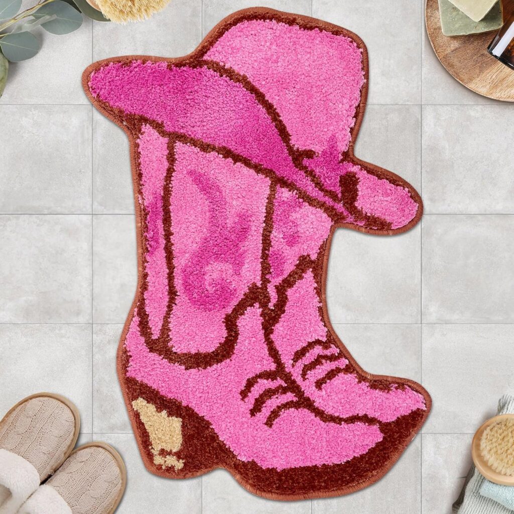pink cowgirl boot shaped bathroom rug with western aesthetic non slip washable microfiber design