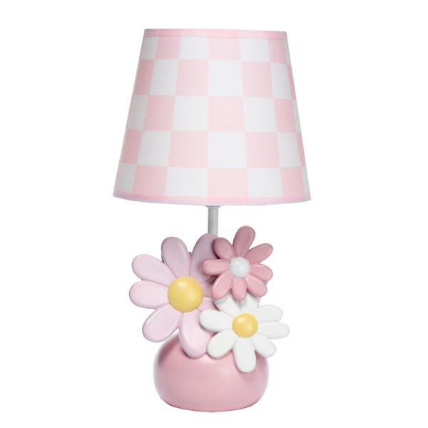 hand painted pink daisy table lamp with checkered shade for nursery bedroom or playroom decor