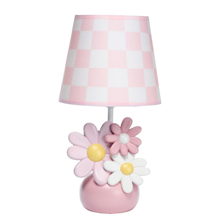 hand painted pink daisy table lamp with checkered shade for nursery bedroom or playroom decor