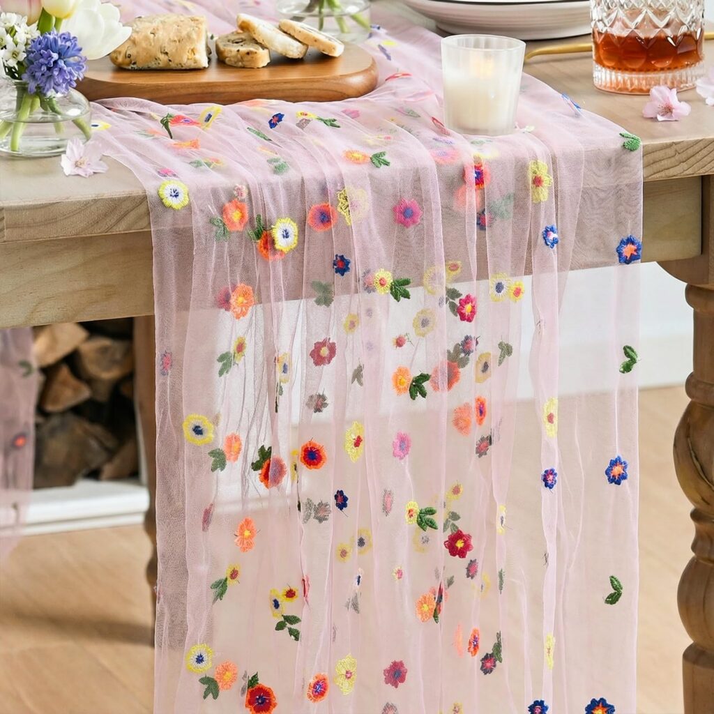 Pink embroidered daisy gauze table runner for wedding and dining table decor