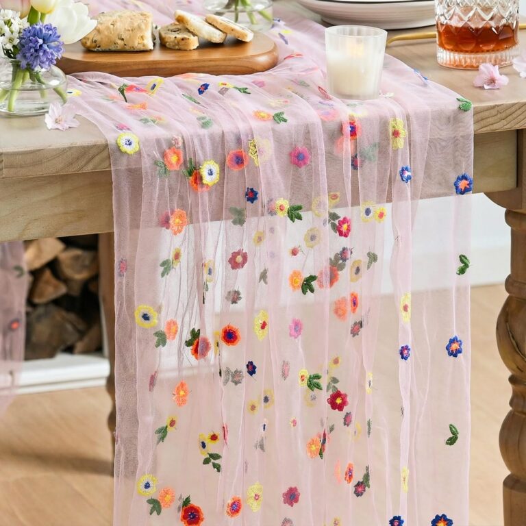 Pink embroidered daisy gauze table runner for wedding and dining table decor