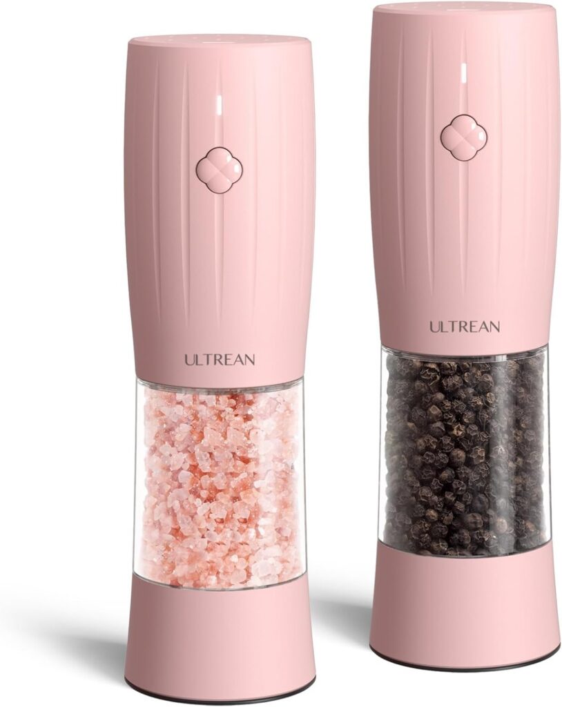 pink rechargeable electric salt and pepper grinder set with adjustable coarseness and LED light