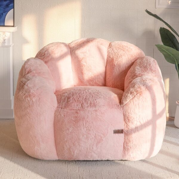 Pink floral-shaped faux fur bean bag chair with petal backrest for cozy bedroom and reading corner seating