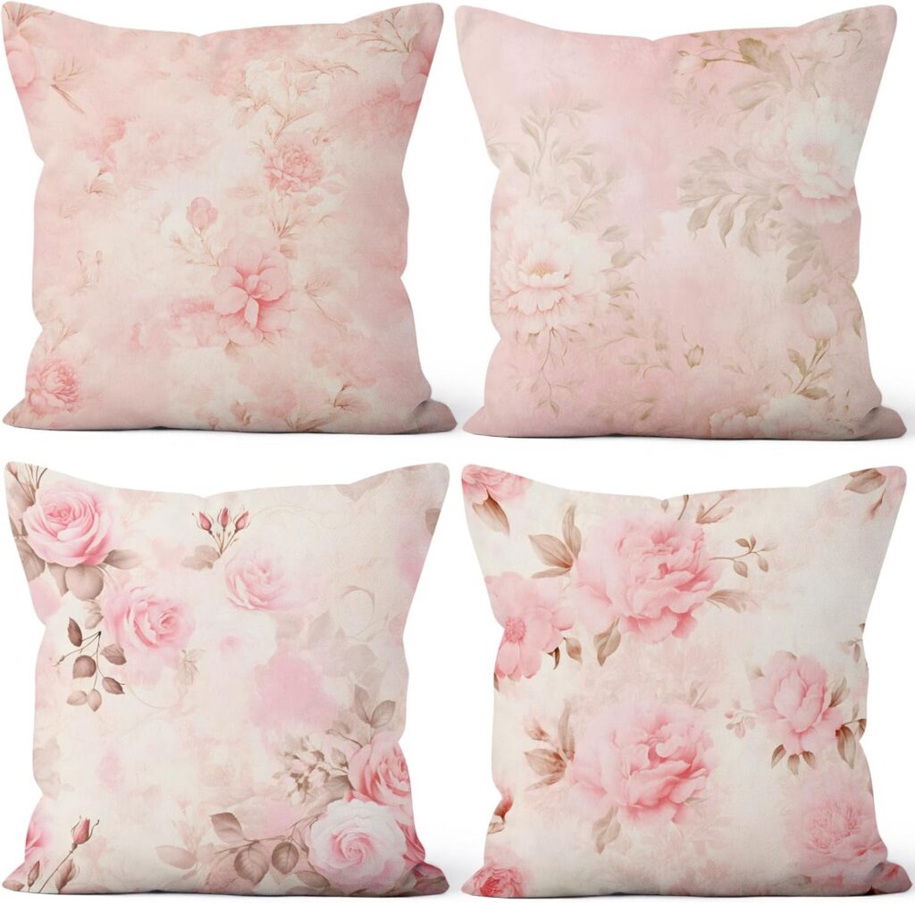 Set of pink floral linen throw pillow covers with vintage botanical flower prints for sofas and bedrooms