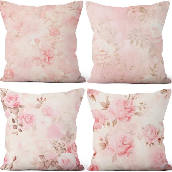 Set of pink floral linen throw pillow covers with vintage botanical flower prints for sofas and bedrooms