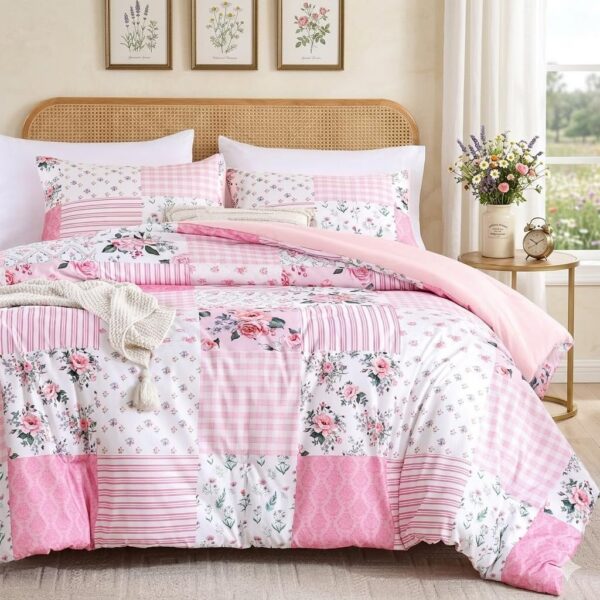 pink floral patchwork queen comforter set with matching pillow shams soft all season cozy bedding for feminine bedroom decor