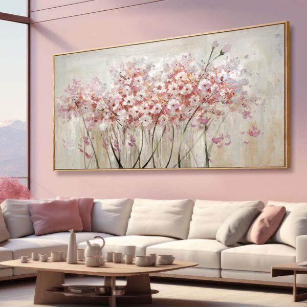 Large pink floral framed canvas wall art with soft botanical flowers for bedroom or living room decor