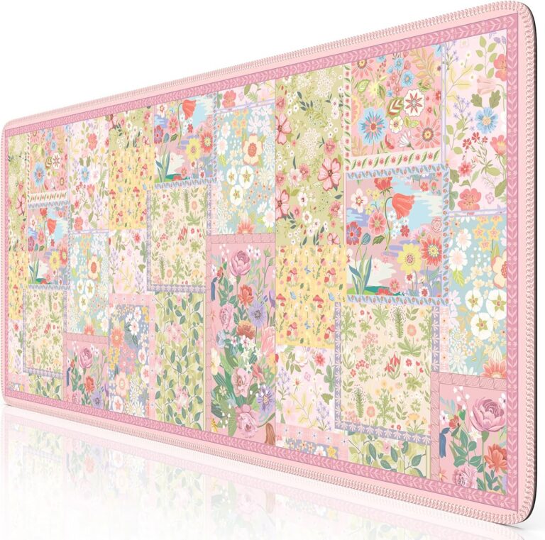 large pink floral desk mat mouse pad with stitched edges for keyboard mouse and aesthetic workspace setup
