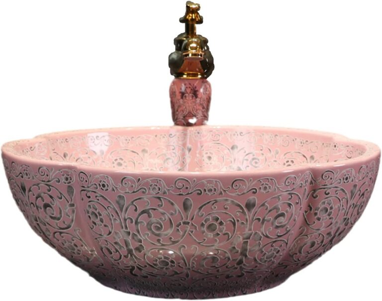 pink flower shaped ceramic vessel sink for above counter bathroom vanity installation