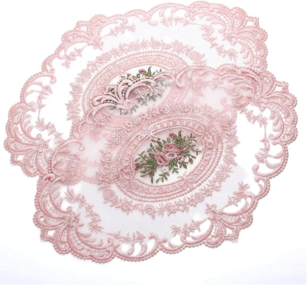 Pink French-style lace placemats with floral doily design for romantic table decor
