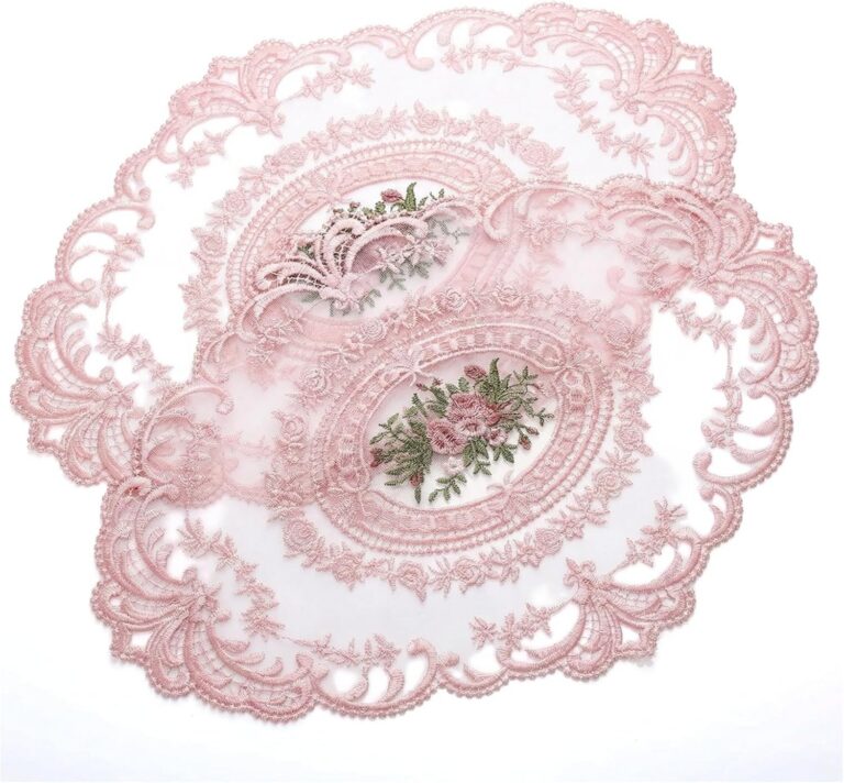 Pink French-style lace placemats with floral doily design for romantic table decor