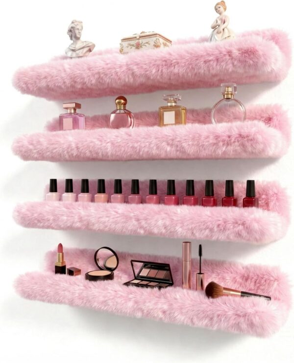 pink fuzzy floating wall shelves for nail polish makeup perfume and beauty storage organization