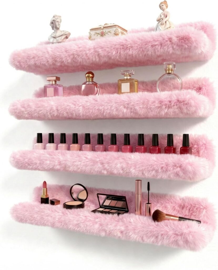 pink fuzzy floating wall shelves for nail polish makeup perfume and beauty storage organization