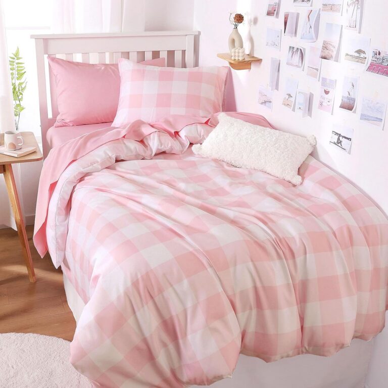 Pink gingham plaid comforter set with buffalo check pattern and matching pillowcases